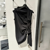 解构风黑色不对称抽褶无袖 T恤女宽松百搭显瘦打底衫