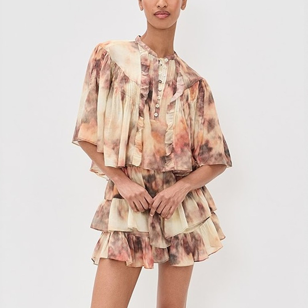2026早春新款小众扎染印花层叠衬衫多层荷叶边短裤休闲套装女,女装/女士精品,时尚套装,淘宝优惠券,粉丝福利购,淘宝优惠卷