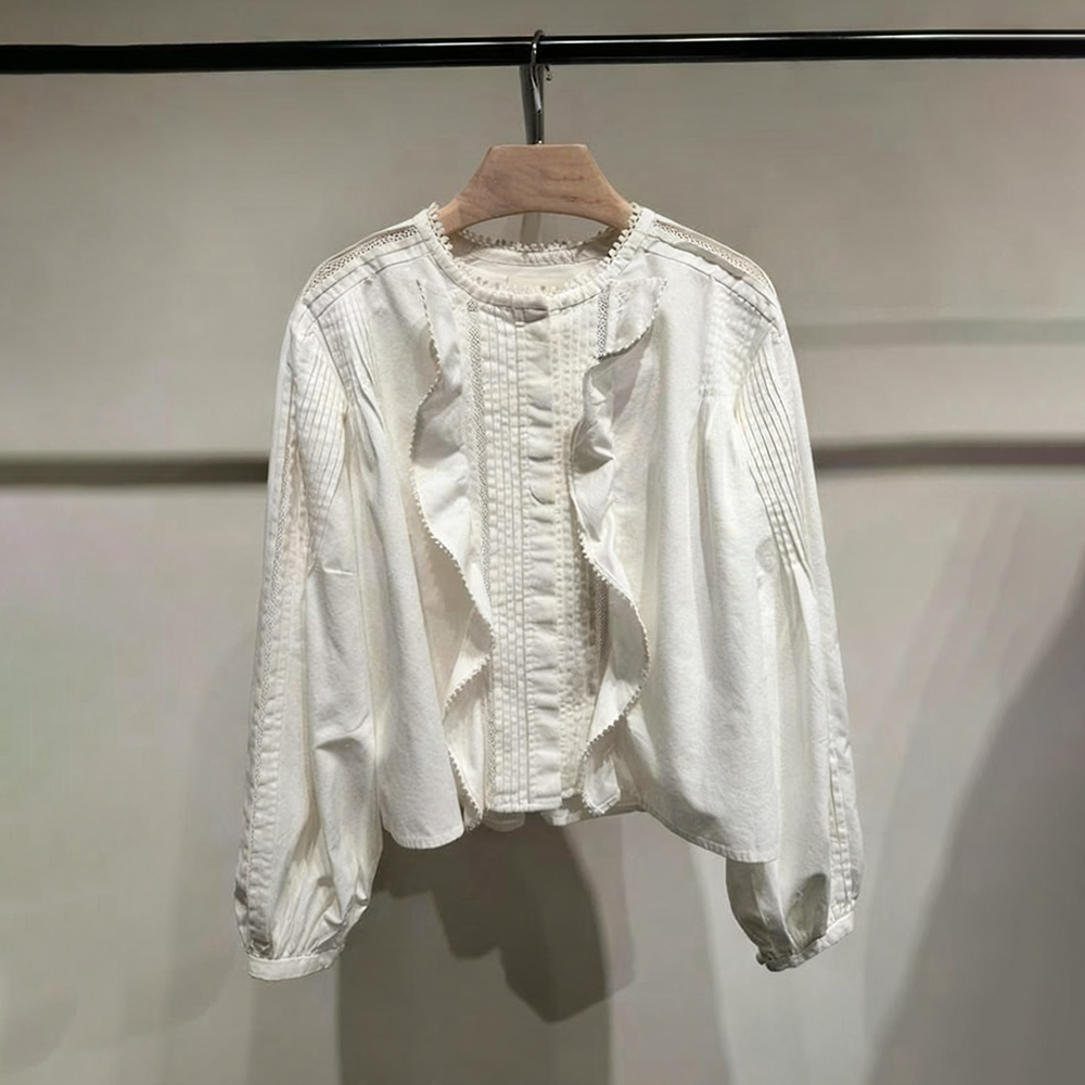 白色圆领百褶灯笼袖短款衬衫女