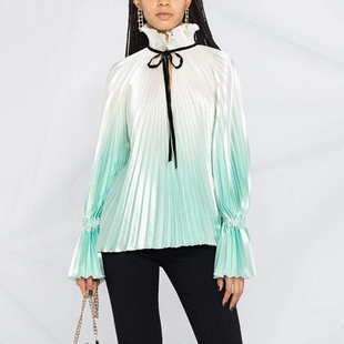 宽松显瘦休闲上衣 衬衫 2026早春新款 小众白绿渐变系带立领百褶长袖