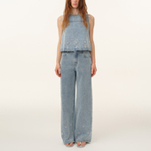 2026早春新款 女 牛仔套装 小众浅蓝色圆领无袖 背心刺绣阔腿裤