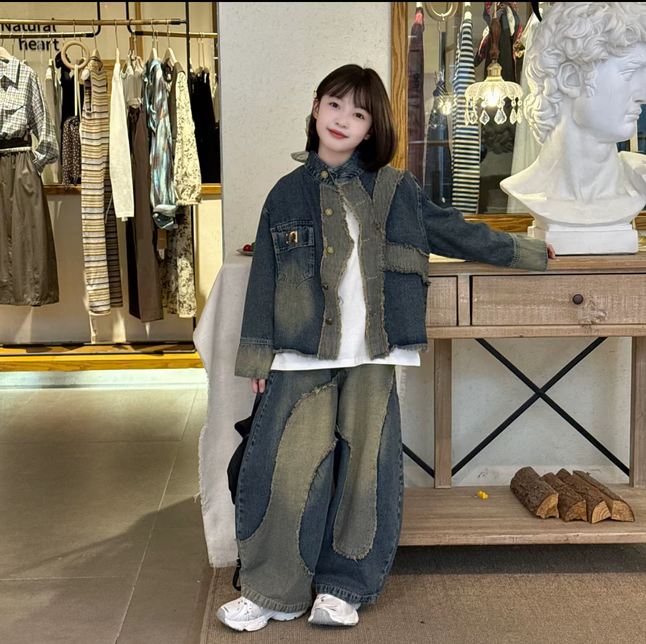 女童重工复古牛仔套装2025秋季新款磨毛夹克外套阔腿裤子两件套潮