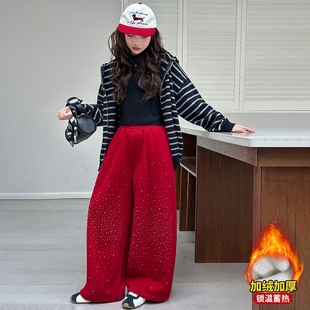 女童裤子加绒冬季新款烫钻阔腿长裤休闲儿童运动一体加厚卫裤保暖
