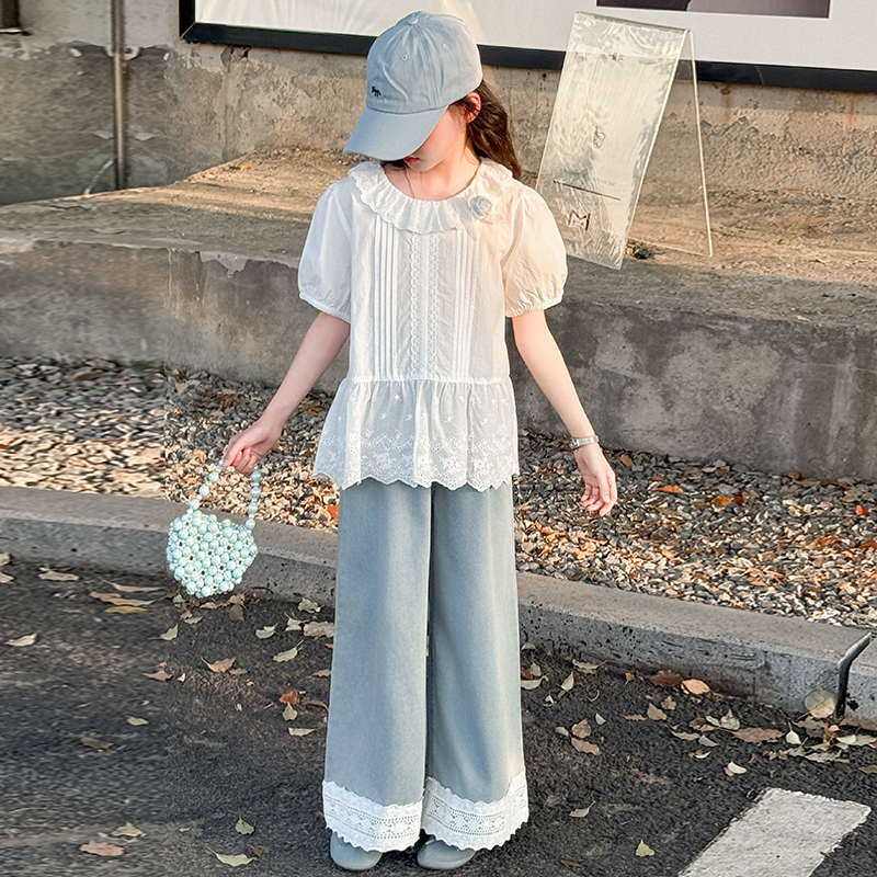 女童韩版休闲娃娃衫牛仔裤套装