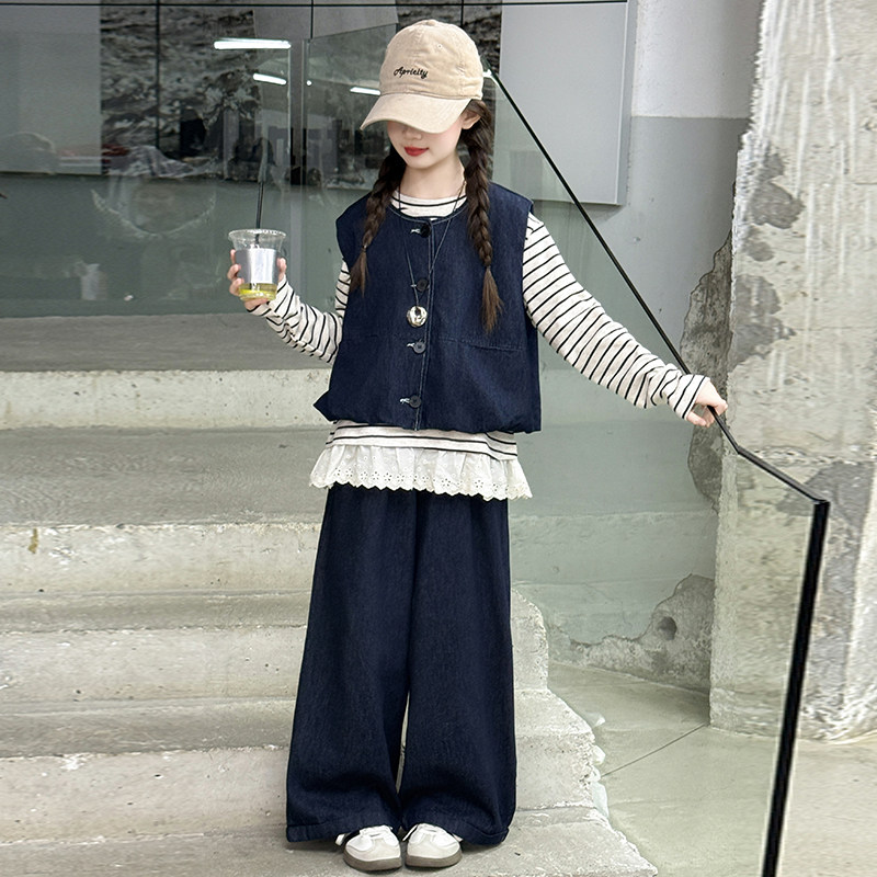 女童套装春秋款2026新款儿童洋气女大童牛仔马甲花边打底衫三件套,童装/婴儿装/亲子装,套装,淘宝优惠券,粉丝福利购,淘宝优惠卷