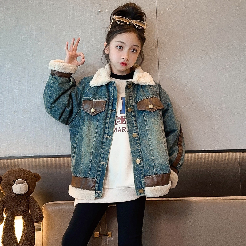 女童加绒牛仔外套秋冬装2025新款加厚中大童洋气夹克女孩时髦上衣