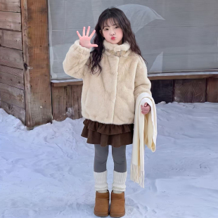 女童皮毛一体毛毛衣2026新款秋冬中大童女孩立领加绒保暖棉衣洋气