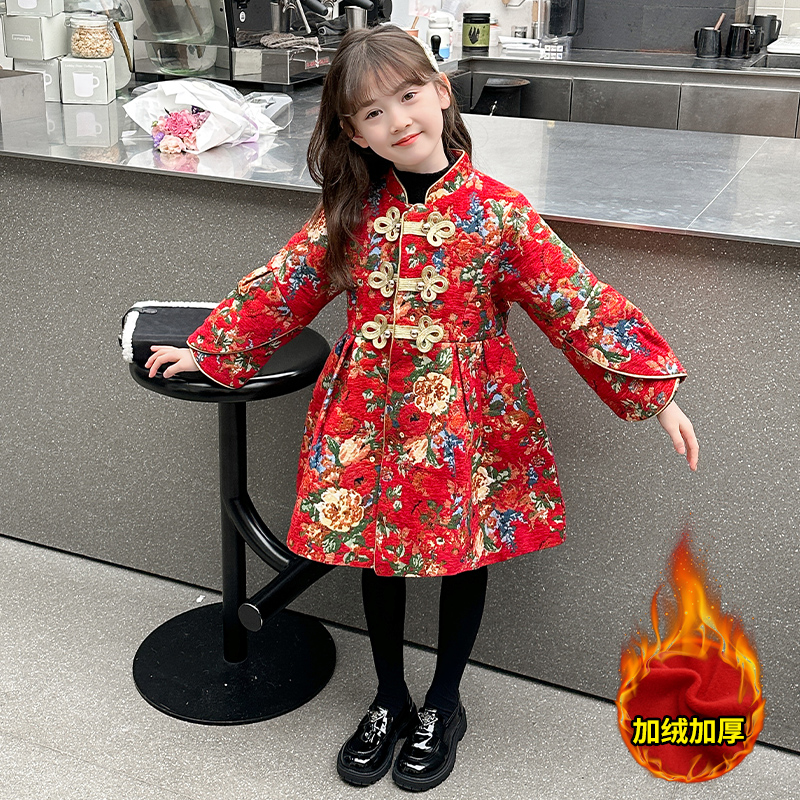 女童连衣裙中国风秋冬泡泡袖裙子