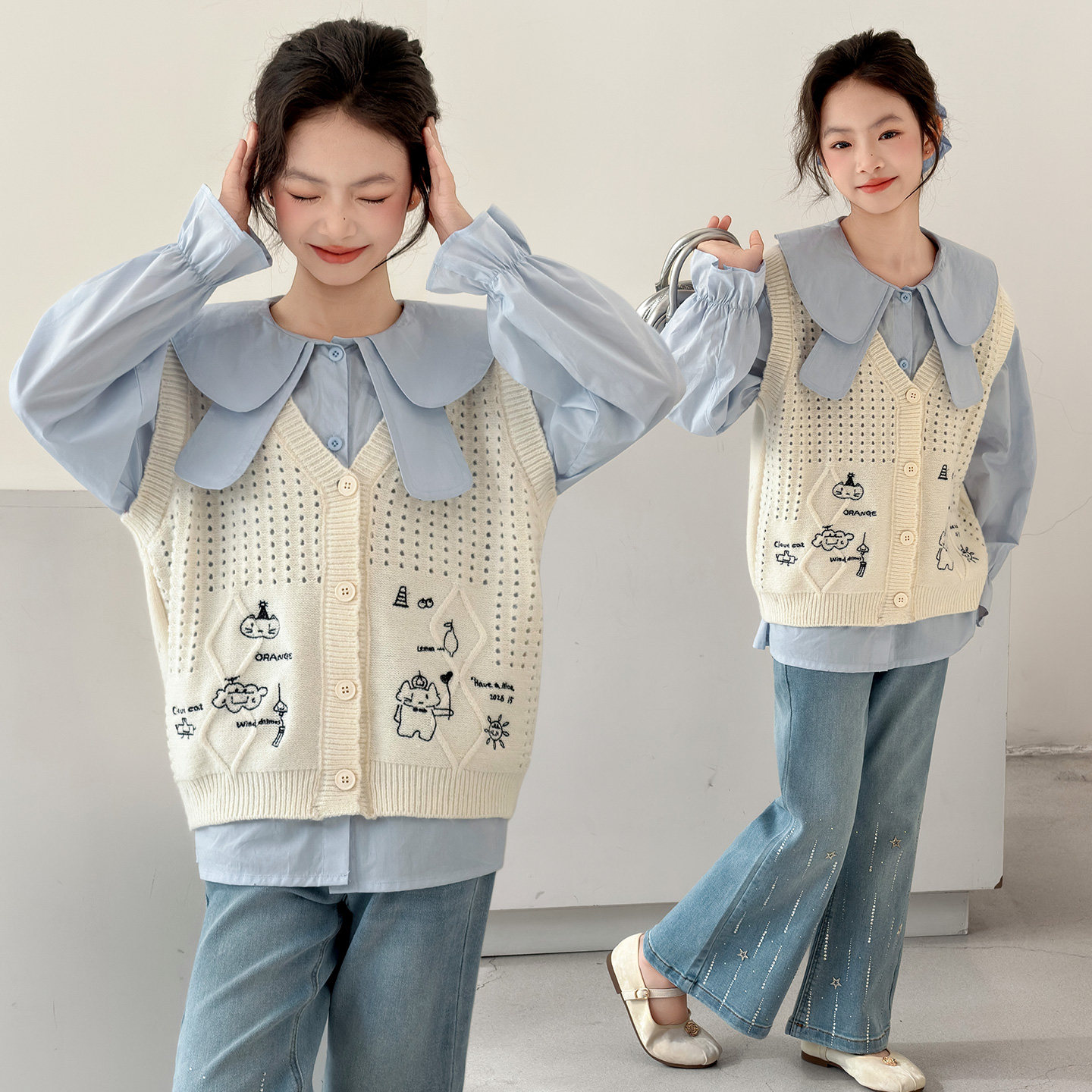 女童唯美超好看针织马甲衬衫套装2026新款中大童女孩牛仔裤三件套,童装/婴儿装/亲子装,衬衫,淘宝优惠券,粉丝福利购,淘宝优惠卷