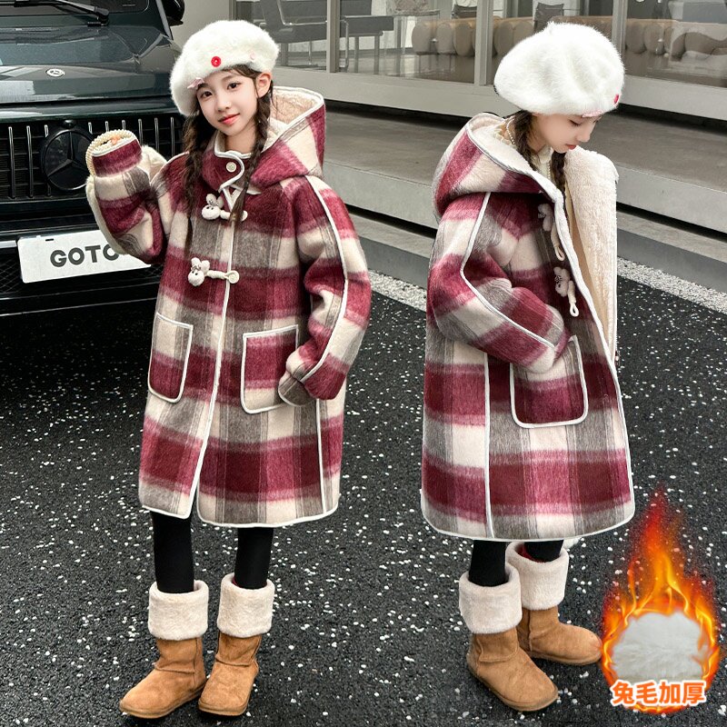 女童2026冬季新款格子呢子大衣中大童洋气保暖加绒毛呢连帽外套