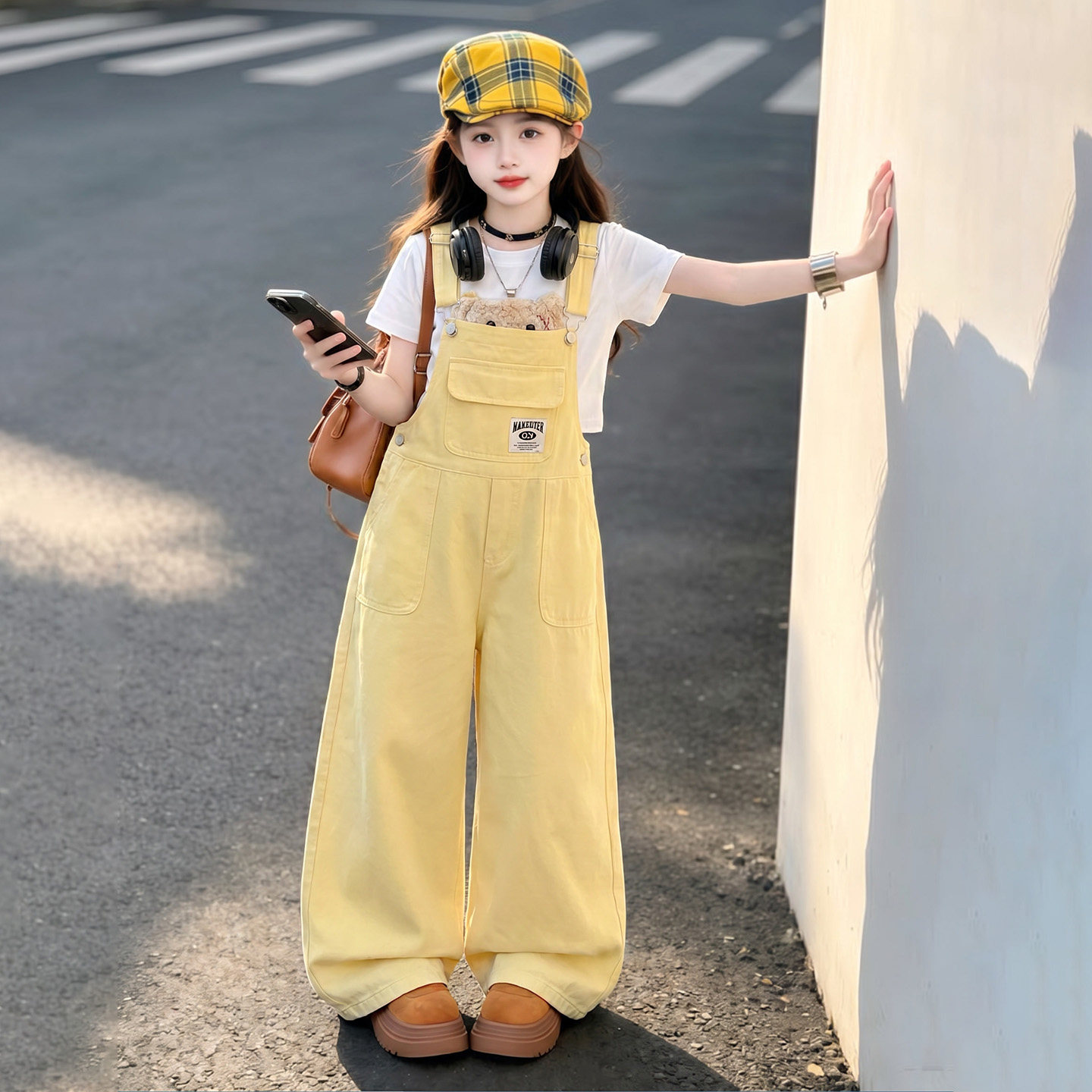 女童韩版卡通背带裤套装图片
