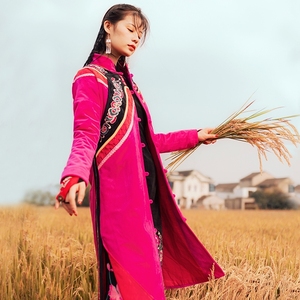 说梦原创民族风长款棉衣夹棉大衣女款冬季棉服盘扣开衫立领刺绣花