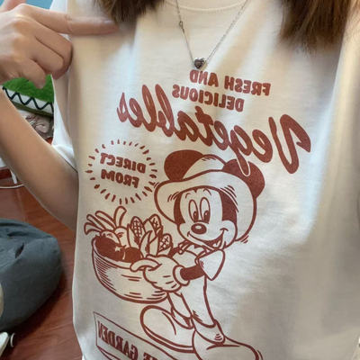 美式复古vintage自制米奇的蔬菜乐园数码印花纯棉重磅bf风男女t恤