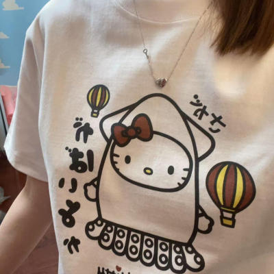 【章鱼小凯蒂】自制日系可爱kt猫白色数码印花纯棉重磅宽松t恤衫