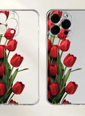 红色郁金香适用三星S21手机壳s22ultra保护全包镜头NOTE20软壳galaxys23浪漫s24 s25plus透明软套