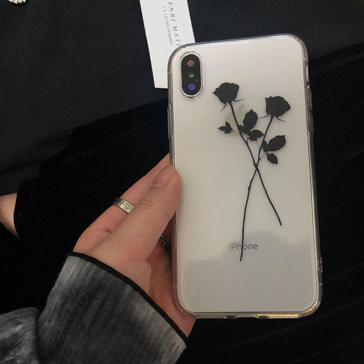 冷淡风黑玫瑰全包软壳适用iPhone12苹果15手机壳华为pura70provivo小米OPPO