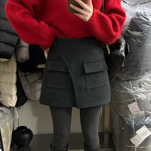 2025欧洲站冬季新款女高腰斜扣开叉羊毛呢半身裙百搭工装风短裙