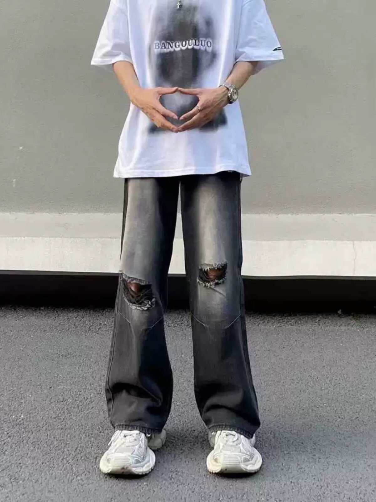 高街美式水洗做旧破洞黑灰色vibe牛仔裤男女宽松直筒垂感阔腿裤子