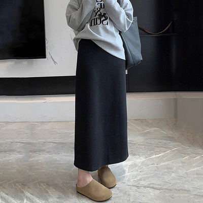 黑色醋酸羊毛半身裙女秋冬加厚