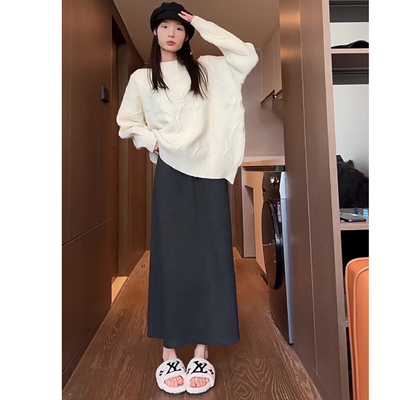 高腰毛呢包臀开叉中长直筒A字裙