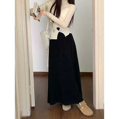 纯色秋冬磨毛加厚半身裙女长款过膝裙子韩版2024高腰a字大摆长裙