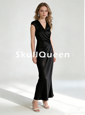 进口醋酸缎面短袖连衣裙斜裁V领交叠褶皱收腰长裙女晚礼服小黑裙