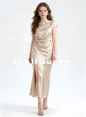 法式进口醋酸缎面短袖连衣裙斜裁半高领收腰开叉长裙女宴会晚礼服