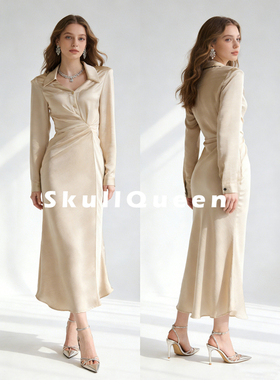 秘书通勤款进口醋酸缎面衬衫领长袖连衣裙斜裁褶皱收腰长裙晚礼服