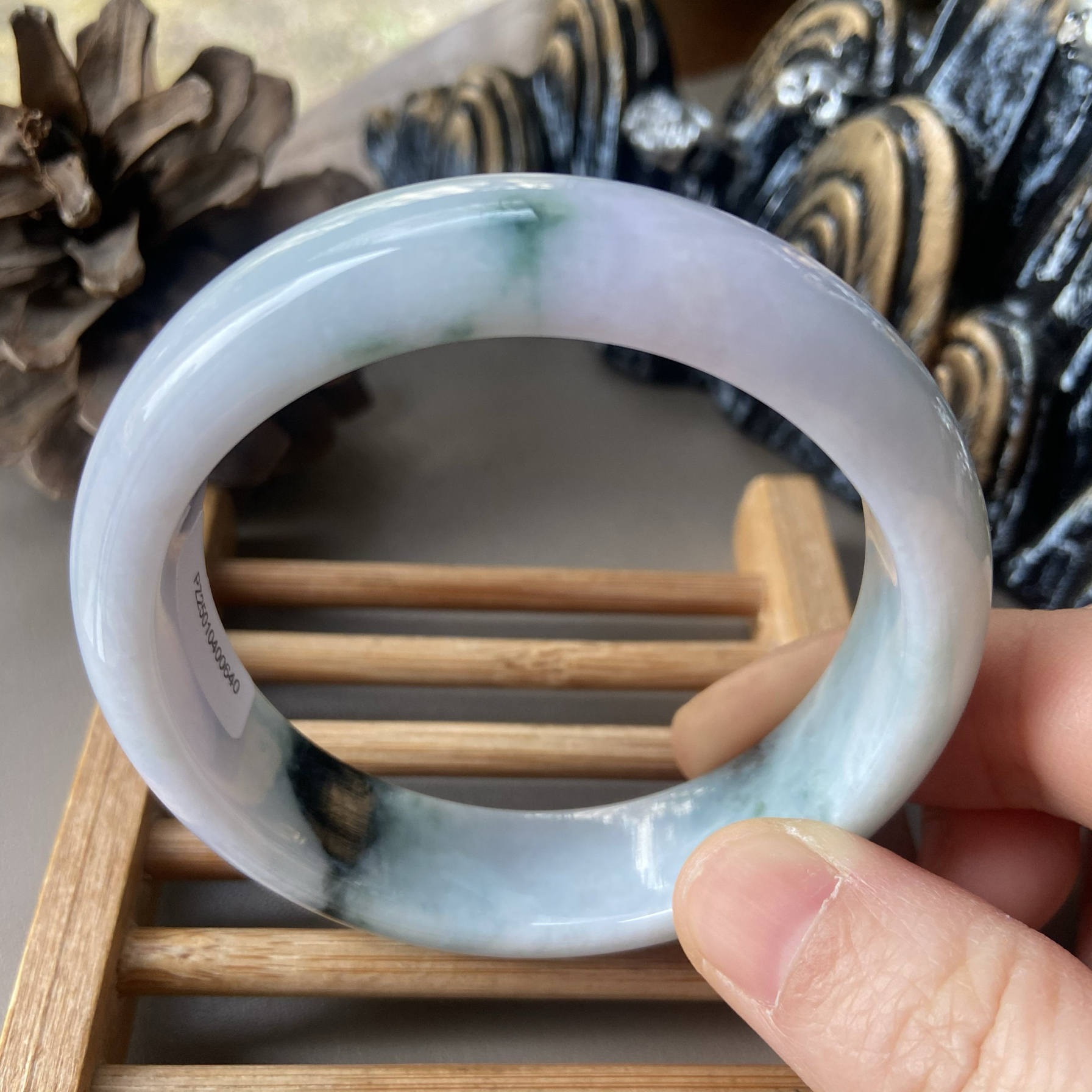 天然缅甸翡翠手镯56紫罗兰飘蓝花玉镯子冰糯种老坑a货带证书0640