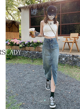 高腰开 叉牛仔半身裙女2025新款夏季中a字小个子包臀梨形身材长裙