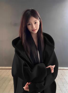 连帽卫衣外套女黑色2025新款秋冬季宽松拉炼美式加绒加厚开衫上衣