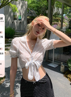 8uioio 卡农谱诗 法式提花绑带小衫女夏2025新款白色短袖衬衫上衣