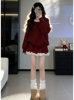 2026新款新年战袍红色毛衣针织套装连衣裙子女秋冬高级感绝美短裙