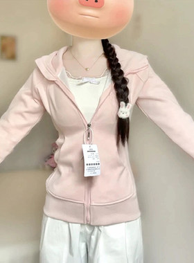 修身卫衣外套女巨好看的早秋穿搭韩系秋季女款收腰上衣粉色薄款薄