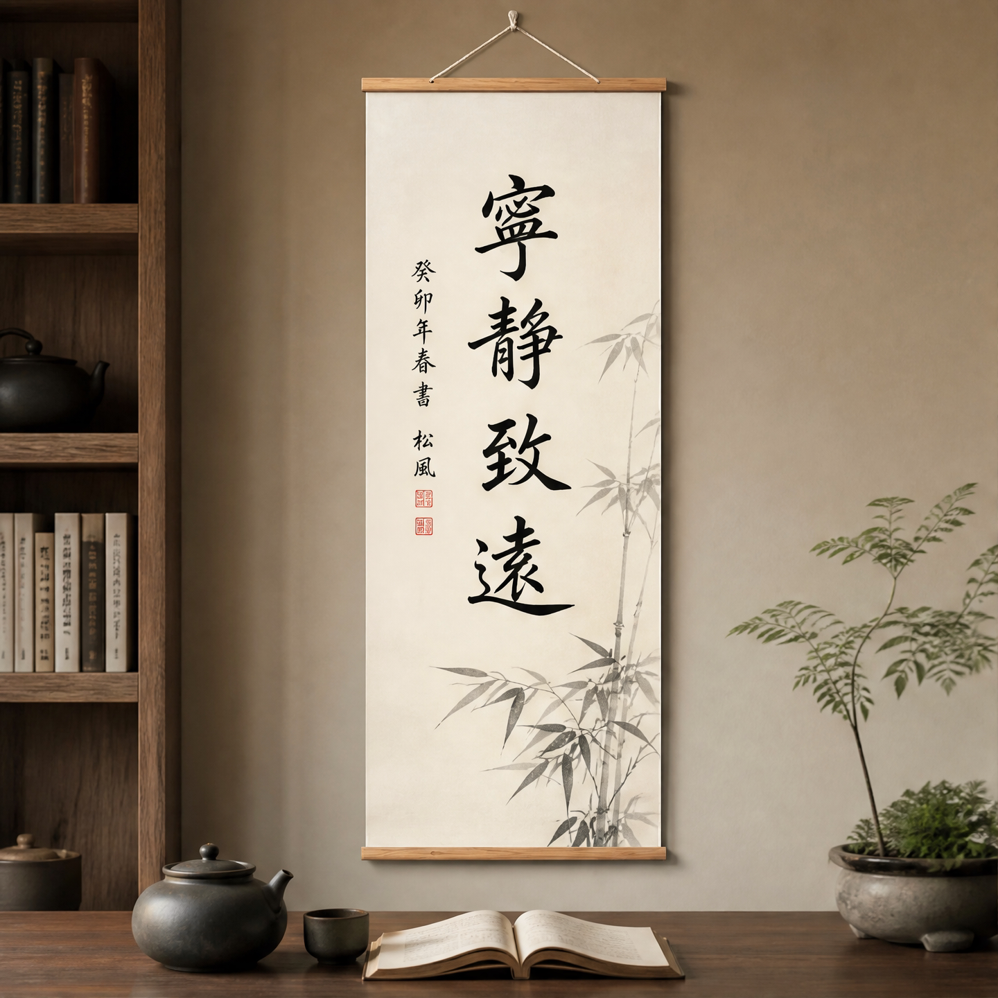 宁静致远书法挂画客厅茶室书房办公室卷轴字画新中式油画布装饰画