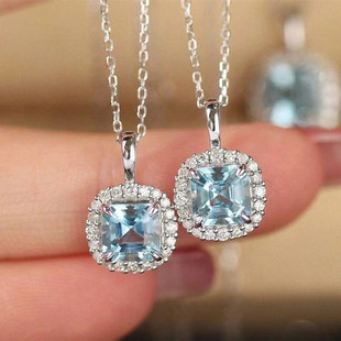 圣玛利亚方形海蓝宝项链 女纯银925白金满钻方块锁骨链气质时尚潮