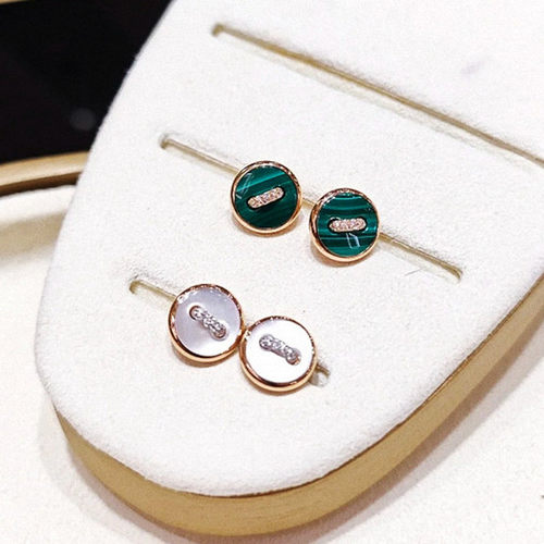 玫瑰金孔雀石袖扣耳钉女纯银绿松石白贝母镶钻圆形耳环设计高级潮