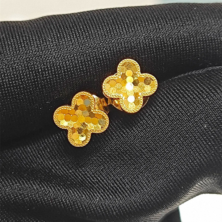 蜂巢四叶草耳钉 女纯银925镀黄金色蹦迪闪耀鱼鳞幸运草耳环新款潮