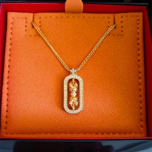 纯银金刚杵项链 女18K黄金色镶钻可转动吊坠锁骨链新中式国潮设计