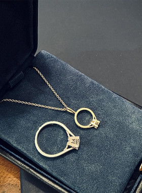 Charms 钻戒项链女纯银镀黄金色带钻戒指印章吊坠锁骨链简约潮