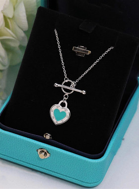 OΤ扣蓝色爱心项链女纯银925蓝色珐琅心形Love吊坠锁骨链简约高级