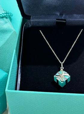 礼物盒项链 女纯银925蝴蝶结蓝色盒子珐琅吊坠锁骨链百搭小众设计