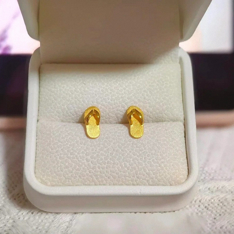 纯银925镀黄金色拖鞋耳钉 女人字拖3D硬金脱邪耳环耳饰小巧精致潮