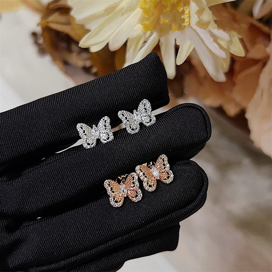 D.Beses蝴蝶耳钉 女纯银满钻玫瑰金白金立体蝴蝶结耳环耳饰设计潮