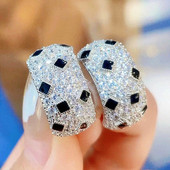 斑点豹纹耳钉 女纯银白金黑白满钻半圆C型耳环耳饰高级轻奢礼物潮