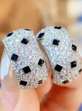 斑点豹纹耳钉 女纯银白金黑白满钻半圆C型耳环耳饰高级轻奢礼物潮