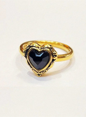 独白大英博物馆黑桃心戒指纯银镀黄金色黑玛瑙心形爱心对戒男女潮