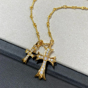 22K金双十字架项链纯银925满钻白金双吊坠毛衣链个性男女情侣款潮