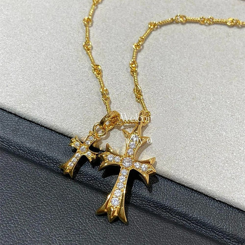 22K金双十字架项链纯银925满钻白金双吊坠毛衣链个性男女情侣款潮