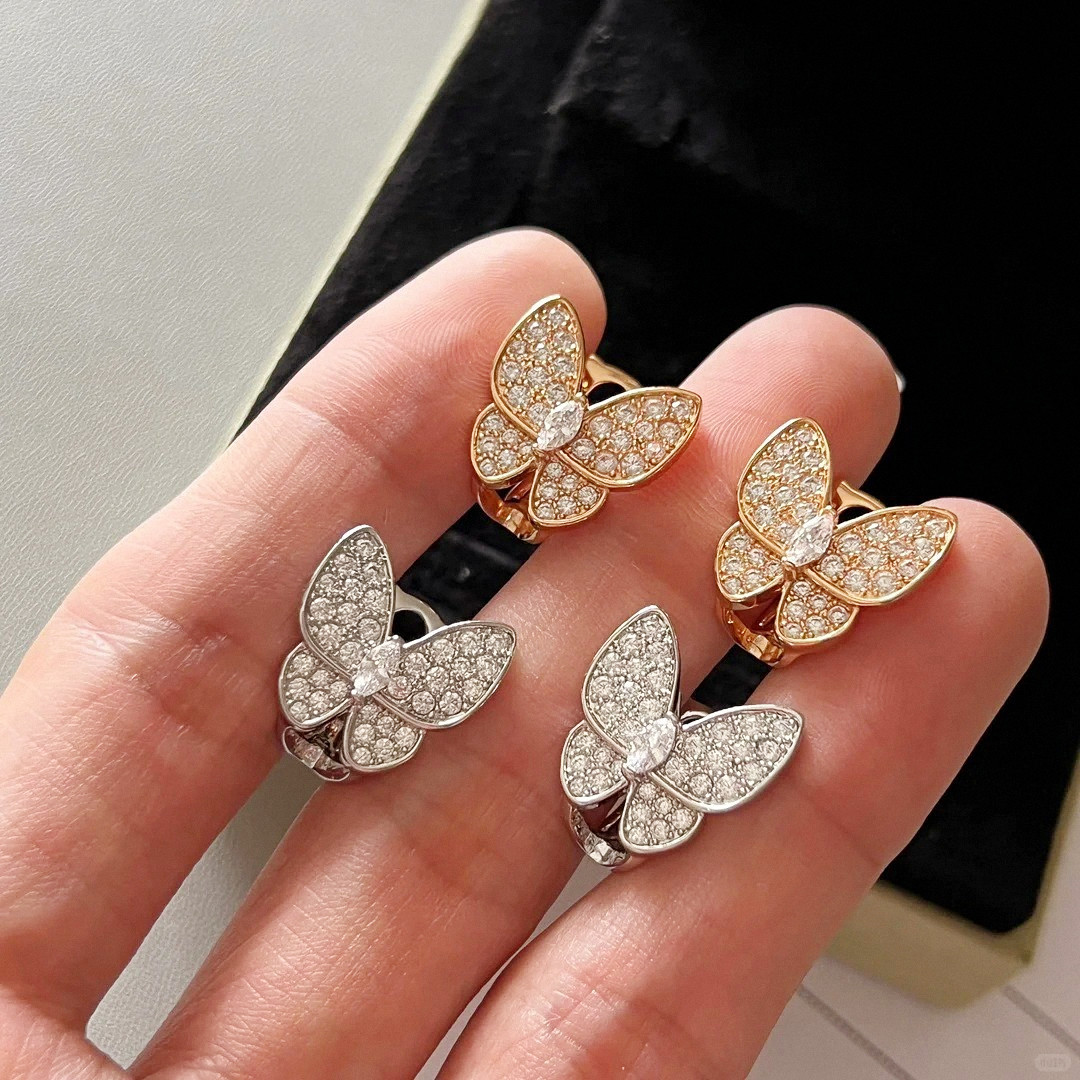 满钻蝴蝶耳拍女纯银玫瑰金白金满钻耳环耳饰高级轻奢送女友闺蜜潮